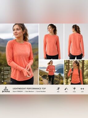 prAna Coral Heather Performance Top M | Thumbholes Running Hiking Activewear
